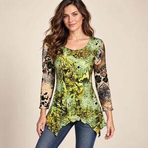 Jerry T New York Green Mixed Print Asymmetrical Tunic Top Women’s Small Boho
